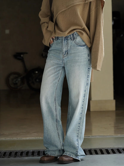 Retro polished white washed denim jeans with a natural feel, neat straight leg casual pants for women