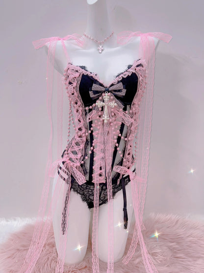 Cross Tank Tops Lace Tank Tops Pink crop top  gothic  tank tops  y2k tops y2k fashion LolitaTank TopsKawaii Tank Tops   bow tops