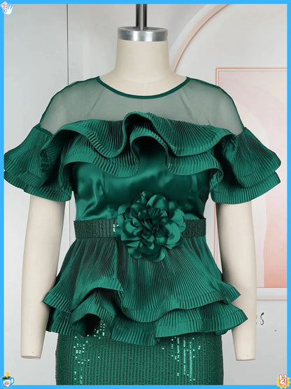 2026 New Plus Size European African Evening Dress Turkish Sequin Ruffle Long Dress Women Elegant Wedding Party Gown