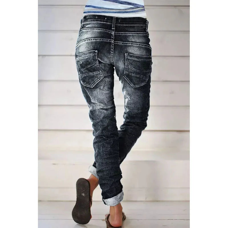 Jeans for Women Drawstring Elastic-waisted Jeans Casual Button Baggy Jeans Women Trousers Straight Women Wide-leg Pants Slouchy