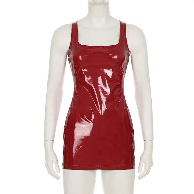2025 Sexy Red Shiny Leather Mini Dresses Fashion Vintage Clubwear Sleeveless Clothing Bodycon HotSweet Women's Outfits