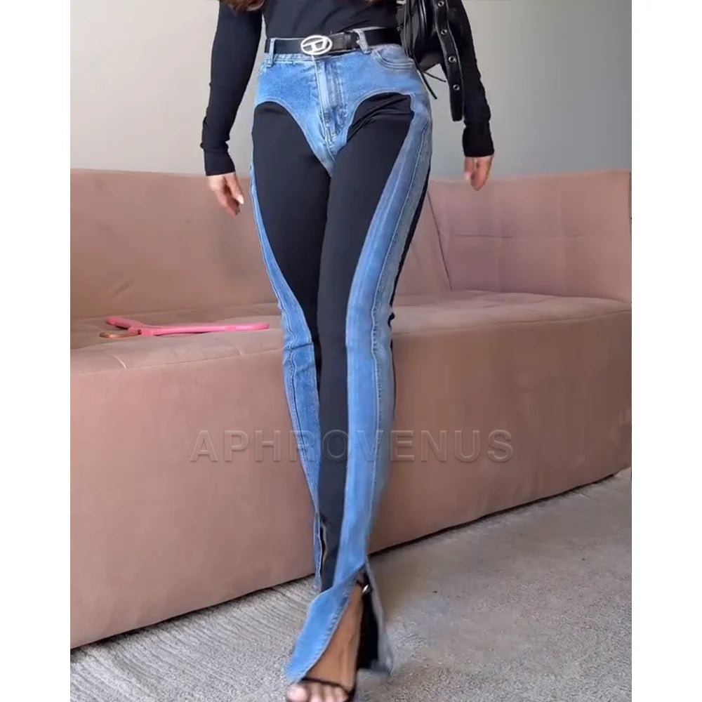 Fashion Two-Tone Color Slimming Jeans Women High Waist Stretch Skinny Fit Denim Pants Comfort Tummy Control Pencil Jeans