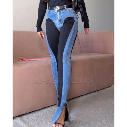 Fashion Two-Tone Color Slimming Jeans Women High Waist Stretch Skinny Fit Denim Pants Comfort Tummy Control Pencil Jeans