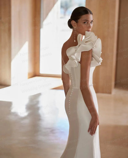 Luxury Sexy Wedding Dresses Mermaid Sleeveless Woman's One Shoulder Backless Bride Gowns Button Customized Sweep Train Vestidos