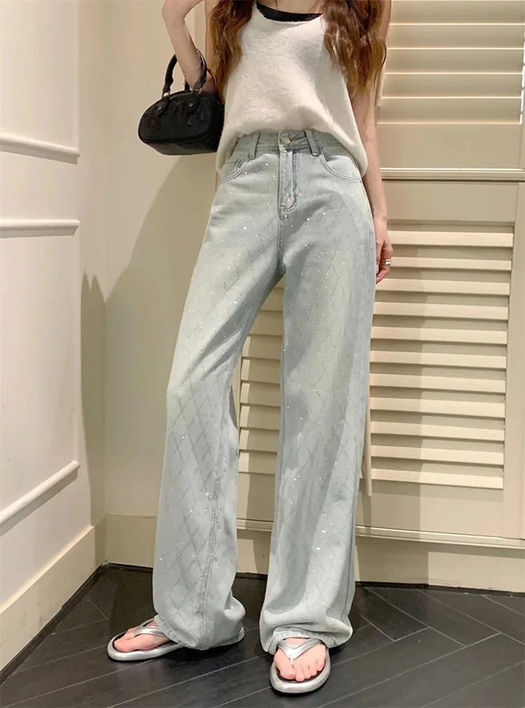 Fashion Women's Jeans High Waist One Side Plaid Shape Diamonds Wide Leg Denim Pants 2025 New Classic Straight Trousers