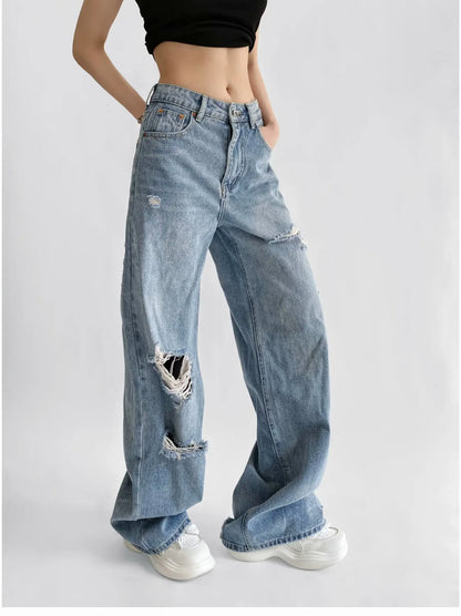 Women's Destroyed Jeans 2025 Spring Summer High Waist Loose Leg Floor-Length Distressed Denim Vintage Daily Staple