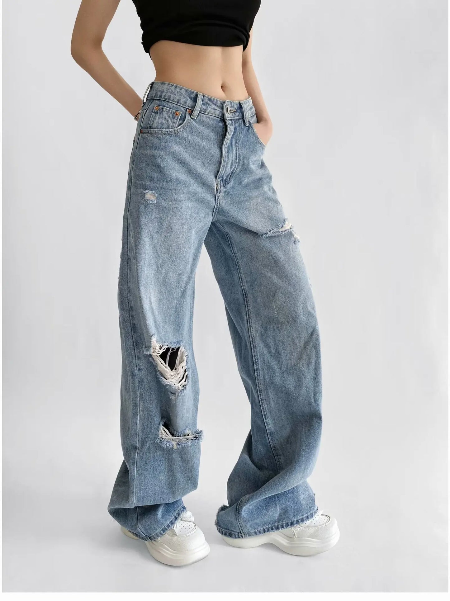 Women's Destroyed Jeans 2025 Spring Summer High Waist Loose Leg Floor-Length Distressed Denim Vintage Daily Staple
