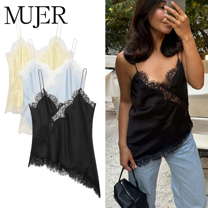 MUJER Women's Tops Black Lace Top Female Sexy Backless Tops for Women Camisole Sleeveless Tops Woman Coquette Tanks Camis Tops