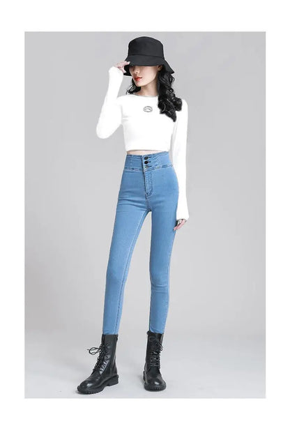 Korean Women High Waist Skinny Jeans Spring Autumn Streetwear Fashion Slim Trousers Denim Solid Button Casual Pencil Pants 2022
