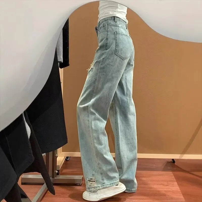 American high street old ripped large size jeans for women in summer design high waist slimming wide-leg trousers