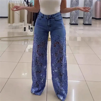 Fashion Elegant Jeans for Women High Waist Lace Patchwork Pantalones Hollow Out Oversized Spring Casual Loose All Match Pants