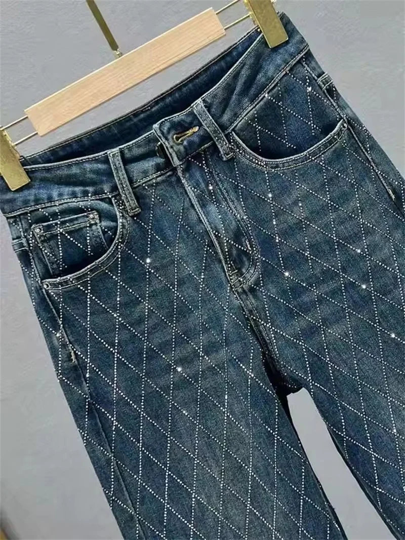 Fashion Women's Jeans High Waist One Side Plaid Shape Diamonds Wide Leg Denim Pants 2025 New Classic Straight Trousers