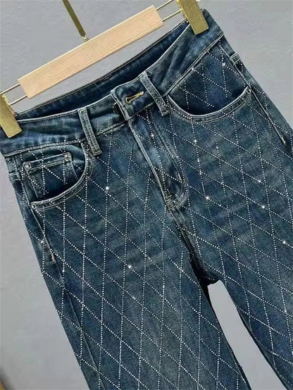 Fashion Women's Jeans High Waist One Side Plaid Shape Diamonds Wide Leg Denim Pants 2025 New Classic Straight Trousers
