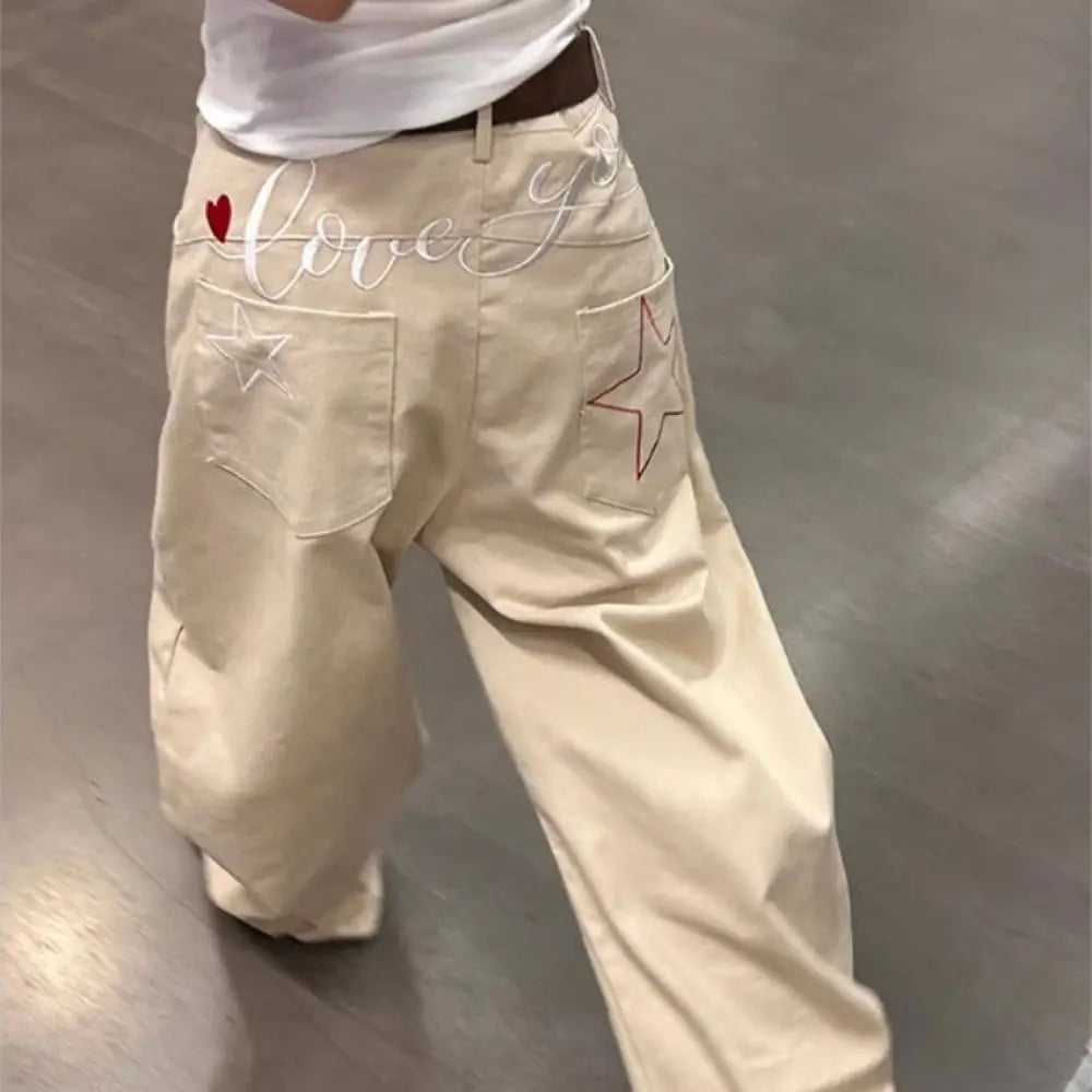 Female Clothing High Waist Denim Jeans Baggy Wide Leg Star Jeans Women Y2k Retro Loose Casual Pants Lady