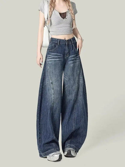 Washed blue textured high waisted retro casual jeans suitable for women in spring and autumn new Harajuku loose wide leg pants