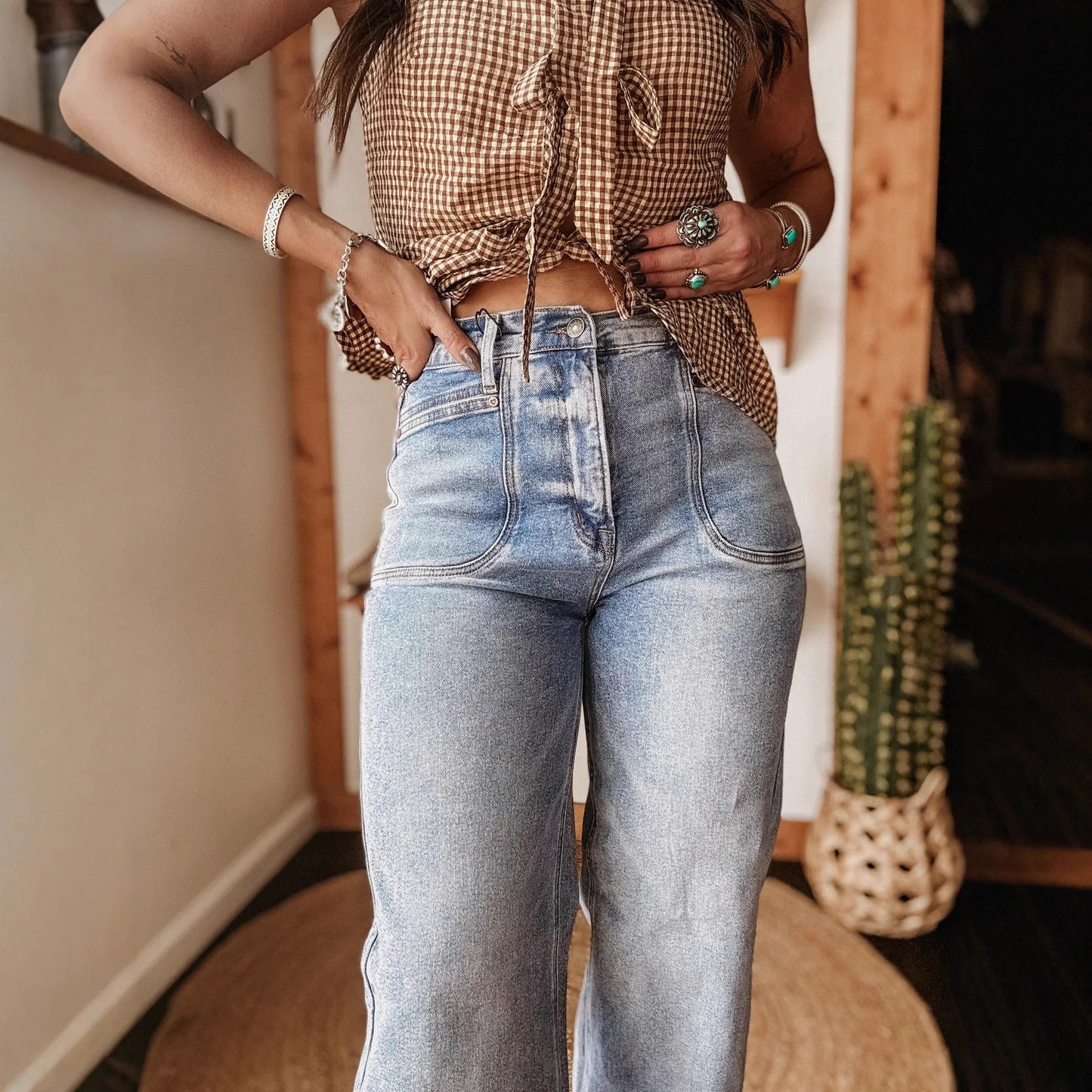 Women's Fashion Casual Washed Stretch Mid-Waist Straight Jeans