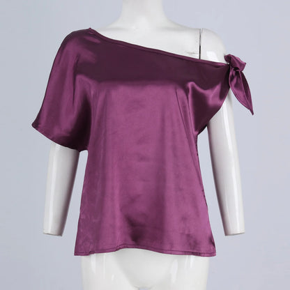 Womens Tops 2024 Pullover Fashionable And Sexy Women'S Solid Color Satin Pullover One-Shoulder Sleeveless Top топ летний