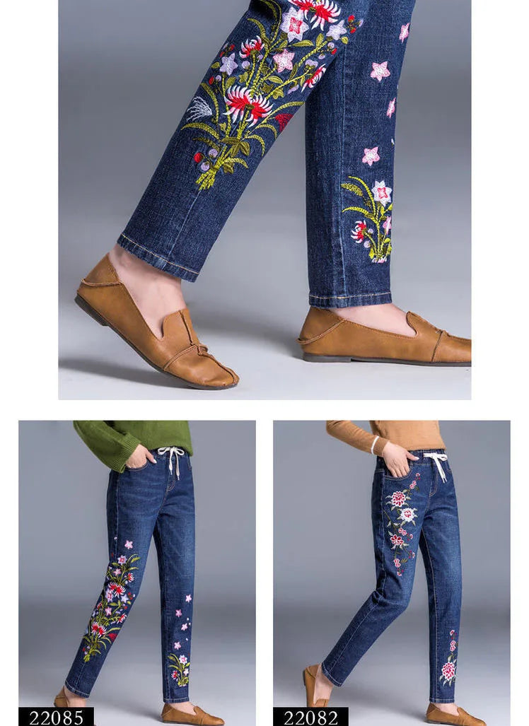 Brand Embroidery Jeans Womens Light Blue Elastic Waist Denim Pants High Waist Straight Leg Cropped Cut Jeans Spring Female