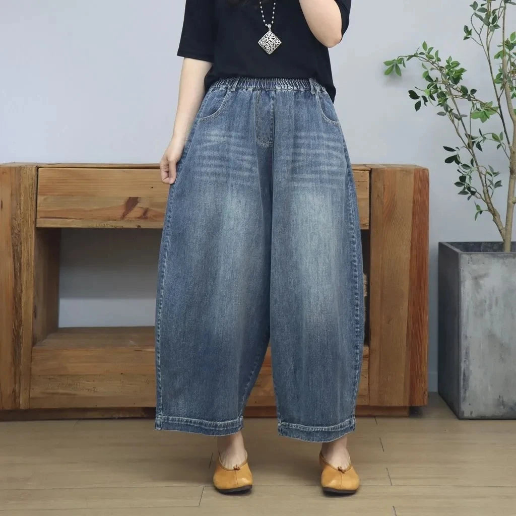 Women's Elastic Waist Jeans Drawstring Big Pocket Wide Leg Solid Color Simple Basic Harem Trouser Female Autumn Denim Pants