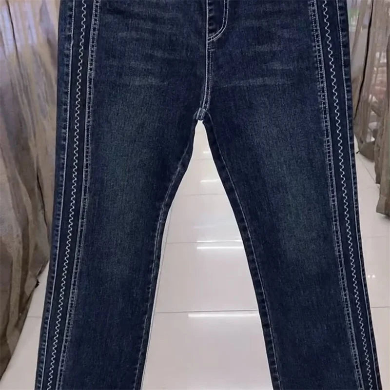 Fashion Women Jeans 2025 New Spring Autumn Korean Wild Elastic Waist Straight Denim Pants Female Trousers Female