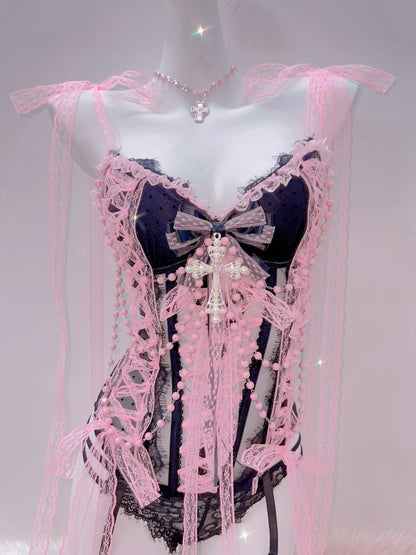 Cross Tank Tops Lace Tank Tops Pink crop top  gothic  tank tops  y2k tops y2k fashion LolitaTank TopsKawaii Tank Tops   bow tops