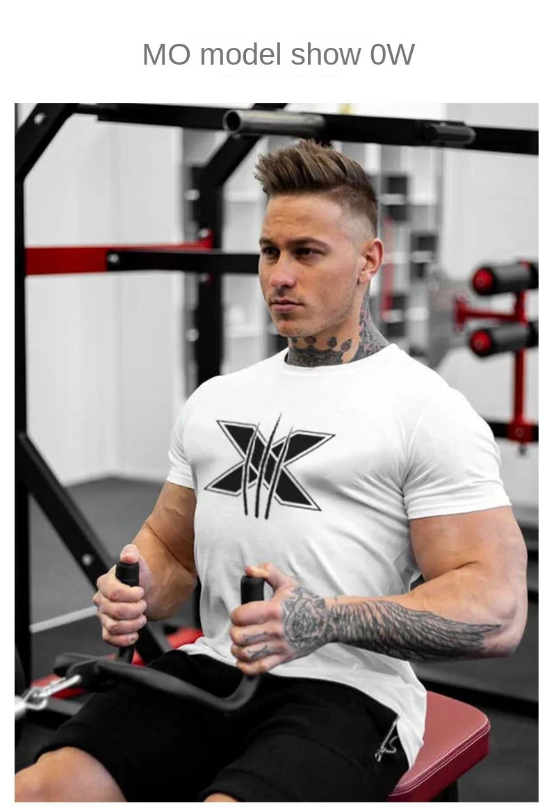 Men's Gym Fitness Clothing Man Cotton Sports Short Sleeve T-shirt Running Training Slim Printed Shirt Sweatshirt Casual Tops