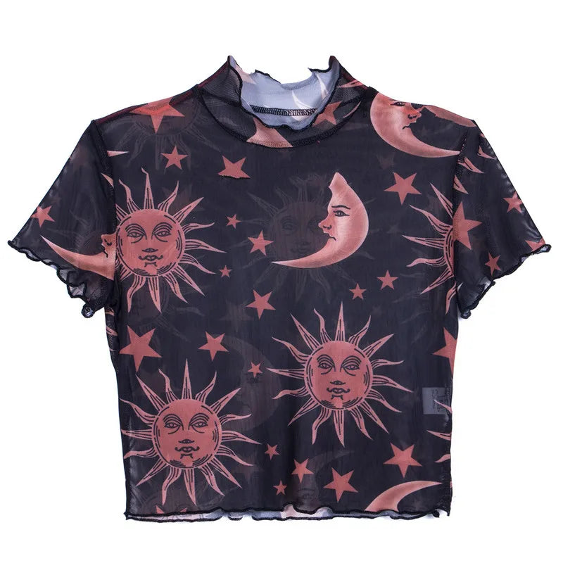 Top Women See-through Crop Tops Summer Clothes Transparent Moon Star Print Short Sleeve Ruffle T-shirt Sexy Club y2k Streetwear