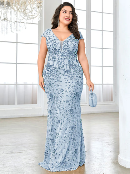 Plus Size Elegant Blue Evening Dress For Women 2024 Luxury Long Mermaid Formal Sequins V-neck Prom Wedding Party Gown