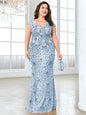 Plus Size Elegant Blue Evening Dress For Women 2024 Luxury Long Mermaid Formal Sequins V-neck Prom Wedding Party Gown