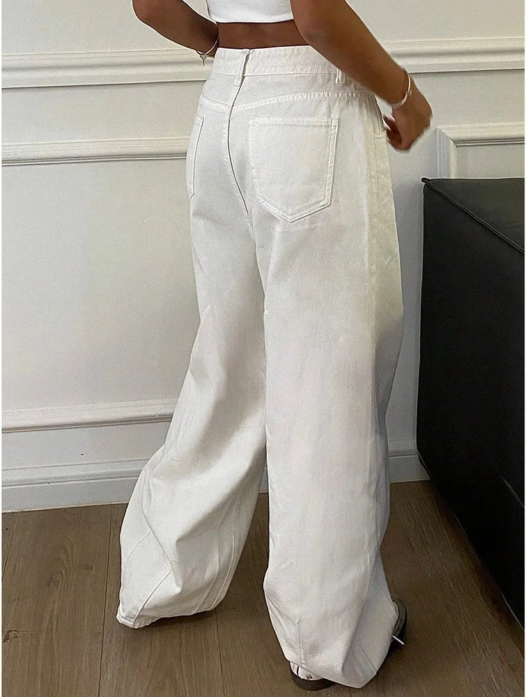 2025 New Loose Jeans Fashion Women High Waist Pocket White Solid Retro Wide Leg Denim Pants Casual Office Lady Commute Trousers