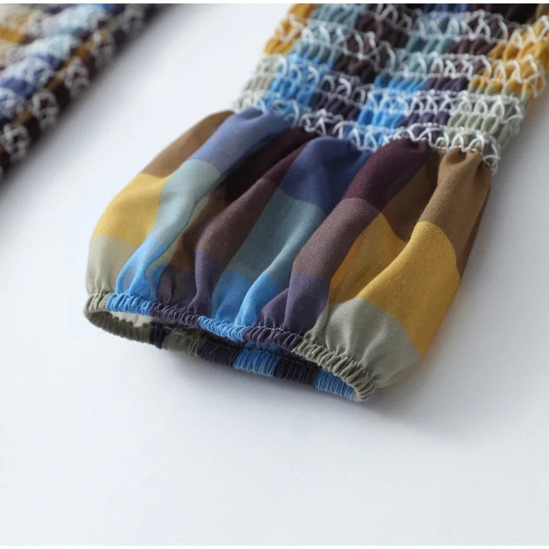 Women's Tops Vintage Plaids Elastic Pleated T Shirt Casual O Neck Long Sleeves Ruffles Hem Top Spring Chic Lady High Street Wear