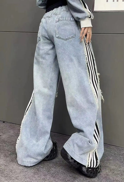 European Style Women's Jeans 2025 Autumn New Heavy-Duty Distressed Frayed Edge Letter Print Drawstring Long Pants Jeans Woman