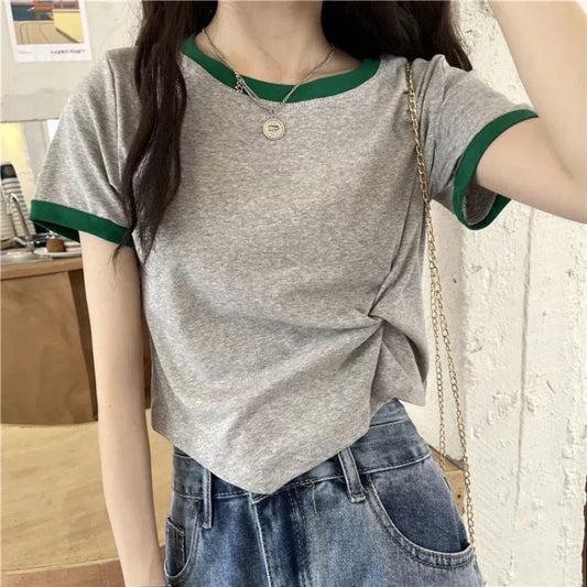 Women's Tops Trendy French Niche Girls T-shirts Chic Irregular Splicing Contrasting Colors Korean Style Modification Ins Style