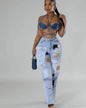 Women Streetwear Cargo Straight Denim Pocket Patchwork Wide Leg Jeans Pants Fall Fashion Ripped Out Party Trousers