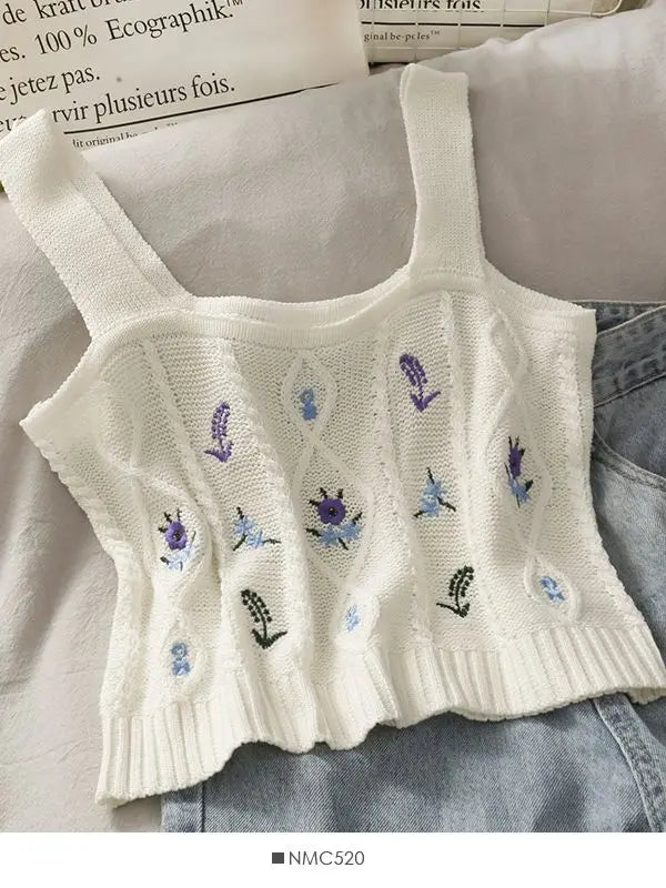 HELIAR Women Flower Embroidery Knitted Crop Tops Women Casual Tube Tops Casual Ribbed Cute Tops Crop Tops Women 2024 Summer