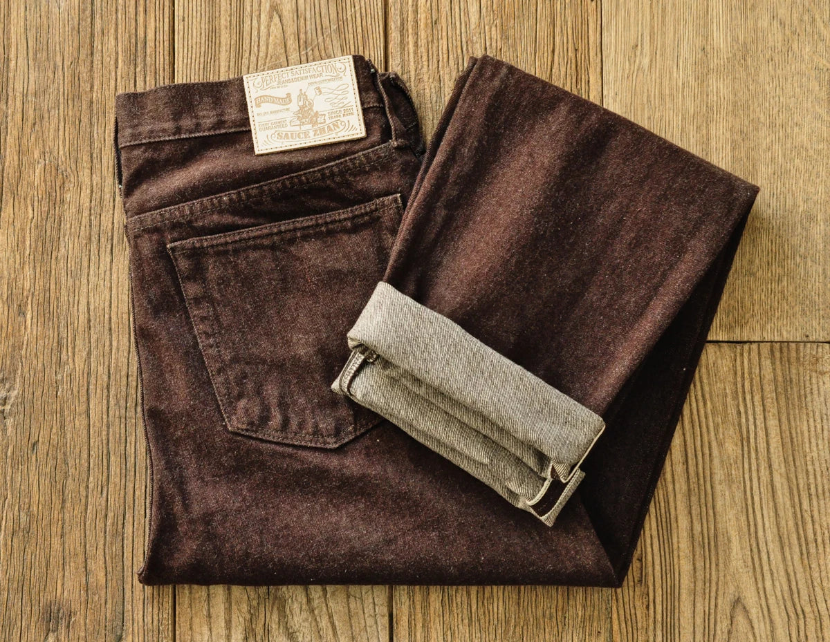 Saucezhan Men Jeans Brown Jeans Men Jeans Trousers  Selvedge Denim Jeans for Men Taper Fit Mens Jeans vintage 13.8 Oz