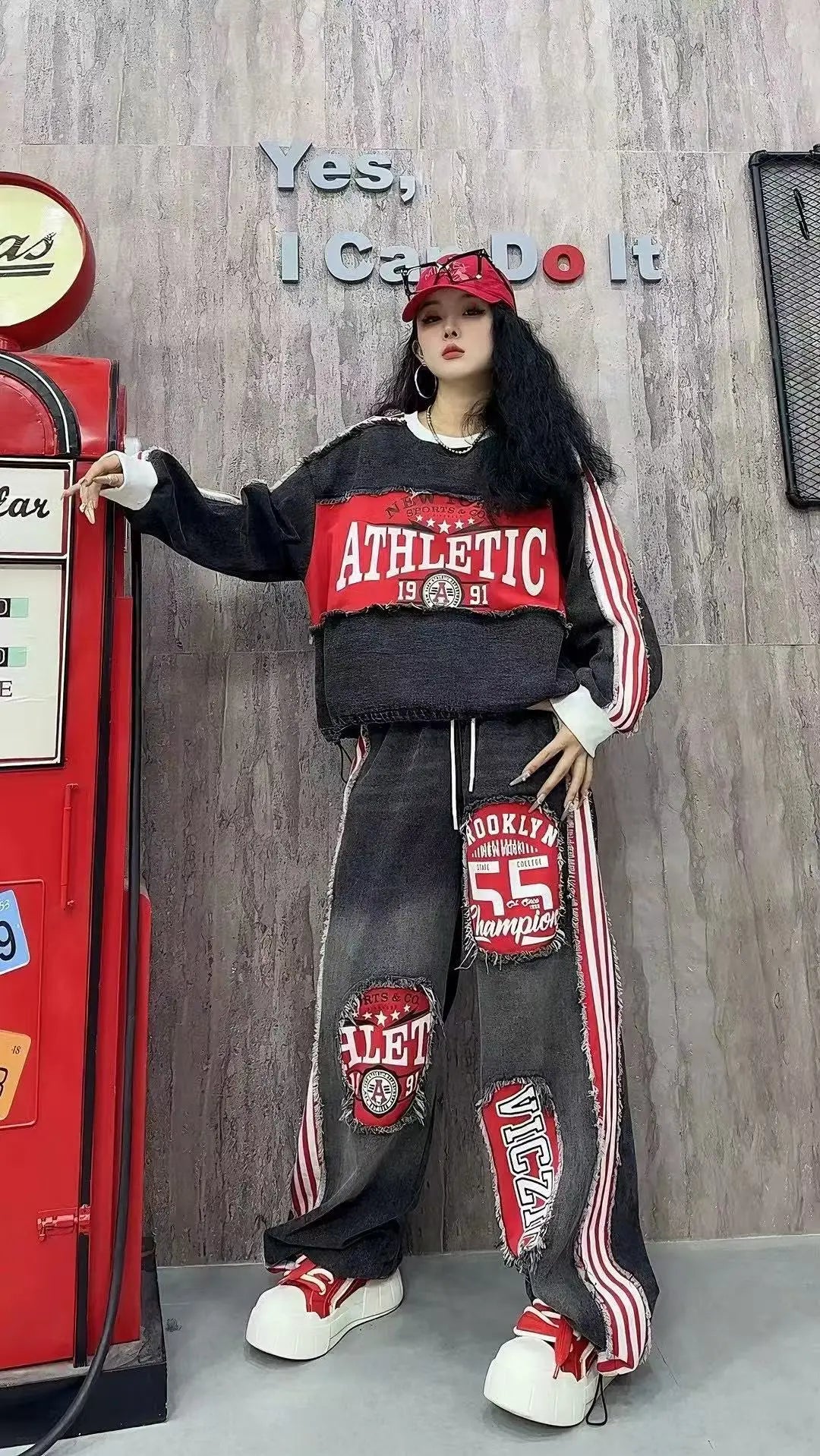 European Style Women's Jeans 2025 Autumn New Heavy-Duty Distressed Frayed Edge Letter Print Drawstring Long Pants Jeans Woman