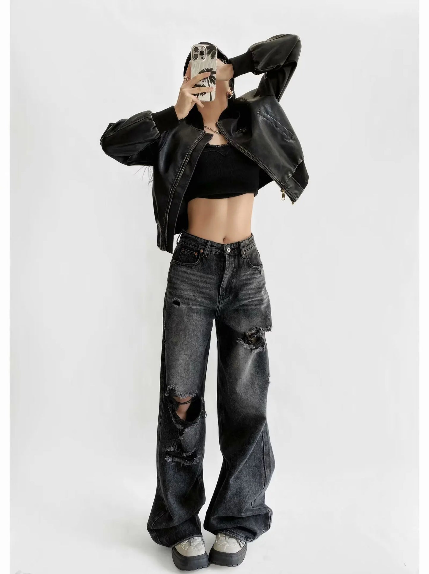 Women's Destroyed Jeans 2025 Spring Summer High Waist Loose Leg Floor-Length Distressed Denim Vintage Daily Staple