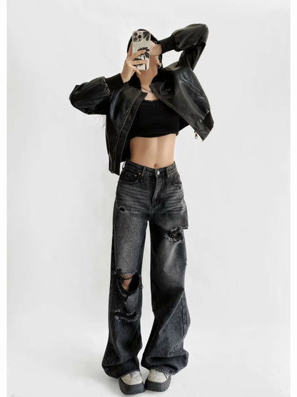 Women's Destroyed Jeans 2025 Spring Summer High Waist Loose Leg Floor-Length Distressed Denim Vintage Daily Staple