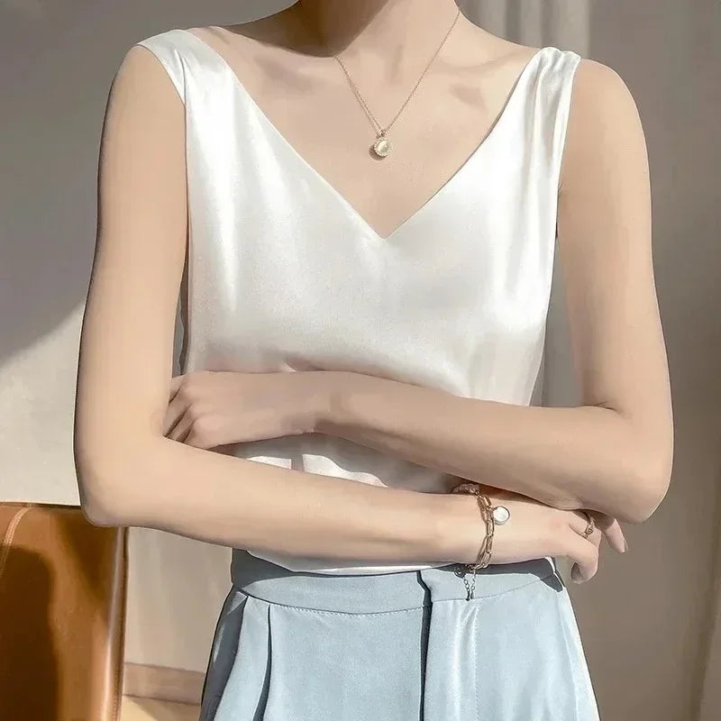 Tank Tops for Women Sleeveless V Neck Satin Silk Camisole 2025 Fashion Summer Solid Loose Vest Ladies Tops Streetwear