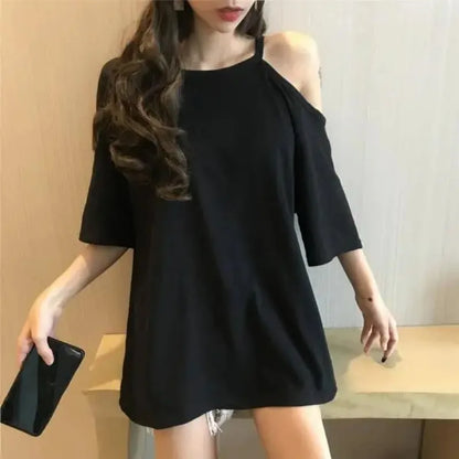 Tops Woman Plain Off Shoulder T Shirt for Women Coquette Clothes Black Sexy with Straps Y2k Sleeves Harajuku Fashion Pulovers