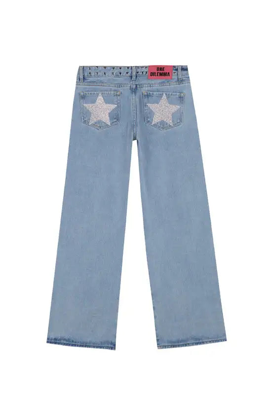 Gothic Womens ONE DILEMMA Jeans Y2K Clothes Hip Hop Five Pointed Star Sequin Rivet Fashion Casual Baggy Jeans Straight Trousers