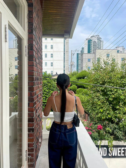 Korean Ins Retro Versatile High Waist Women's Straight Leg Jeans Summer New Fashion Loose Drawstring Design Women Wide Leg Jeans