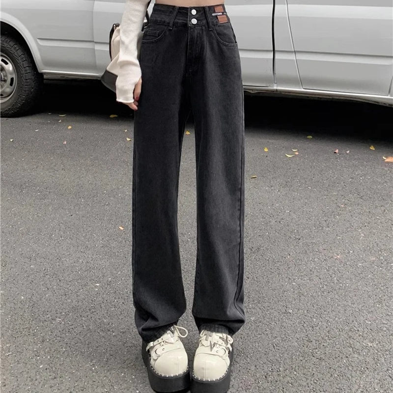 Female High Waist Wide Leg Jeans Women Y2k Denim Straight Leg Pants Girls Smoke Gray Retro Blue Light Blue Water Gray Trousers