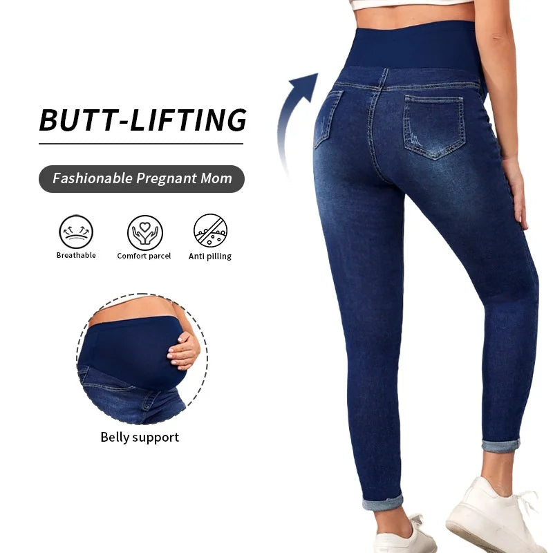 Maternity Women High Waist Support Belly Jeans Fall Pregnant Hip Lifting Elastic Denim Pants Daily Work Wear Streetwear Trousers