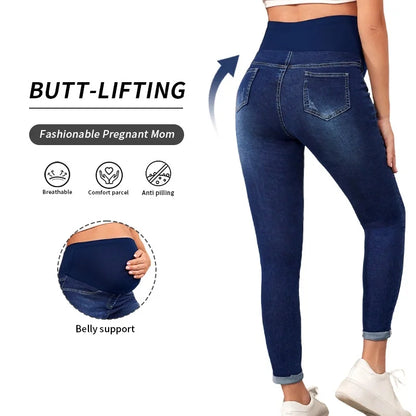 Maternity Women High Waist Support Belly Jeans Fall Pregnant Hip Lifting Elastic Denim Pants Daily Work Wear Streetwear Trousers