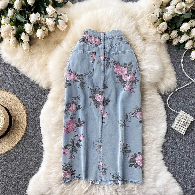 Flowers Print Jeans Women Vintage High Waist Denim Long Pants 2025 Fashion Autumn Casual Wide Leg Full Length Denim Trousers