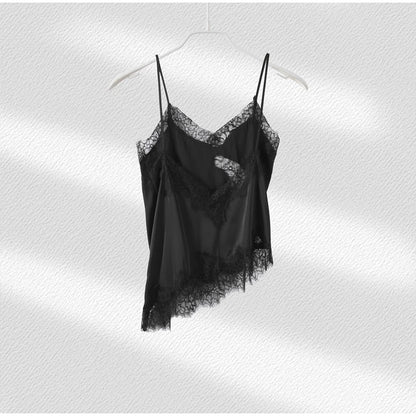 Summer Women Halter Top Satin Lace Spliced Tank Backless Deep Neck Sexy Vest Irregular Hem Vestidos 2025 Lady Vacation Sexy Tops