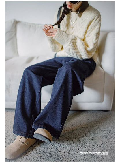 Maden Women's High Waist Straight Denim Jeans Vintage Washed Loose Fit Casual Pants Trousers for Fall Winter with YKK Zipper