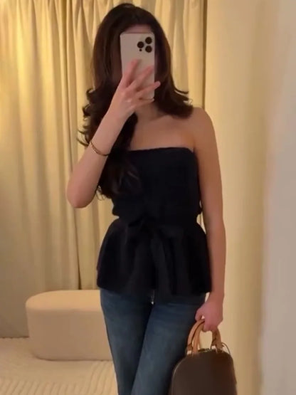 HH Women New Fashion Short Skirt Style Hem Knitted Bow Top Female Summer Sexy Sleeveless Backless Casual Solid Slim Tops Mujer